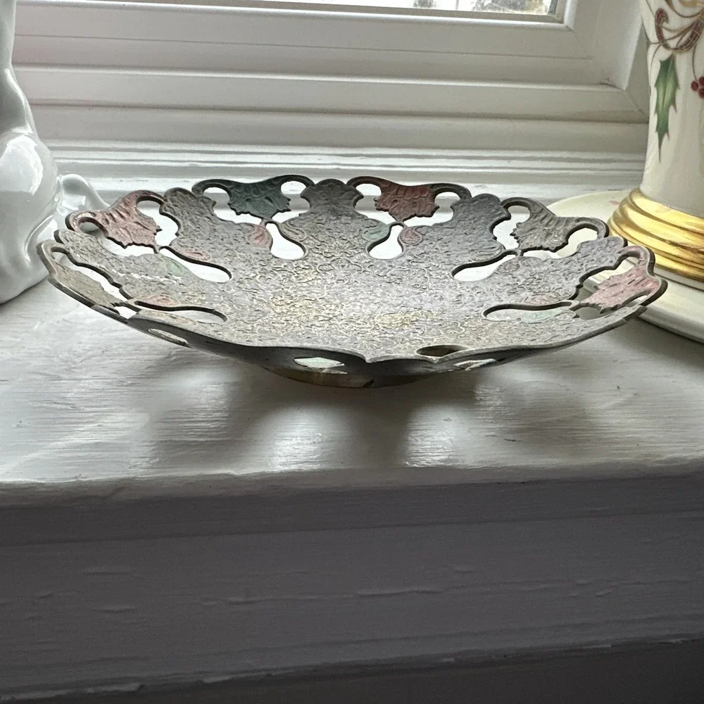 Vintage 1950's Brass Enameled Openwork Bowl Plant Stand From India
